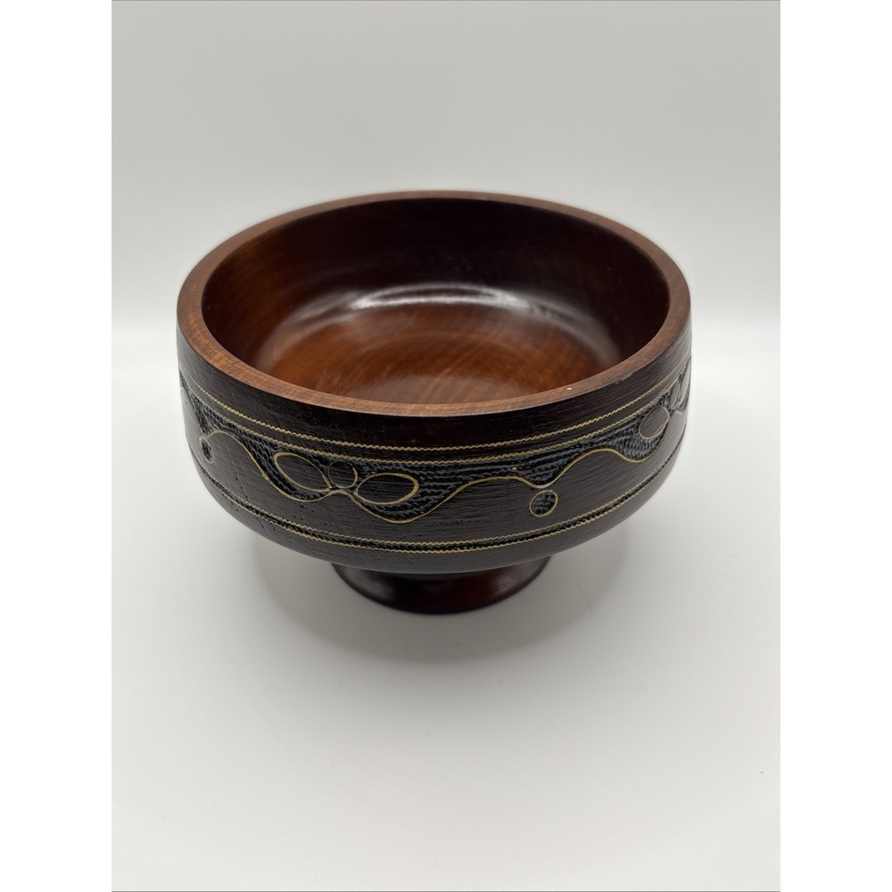 Hand Carved Wooden Pedistal Bowl With Metal Inlay - Picture 2 of 7